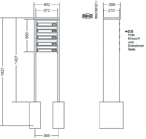 RENZ Briefkastenanlage freistehend, Tetro, Kastenformat 370x110x270mm, 5-teilig, zum Einbetonieren